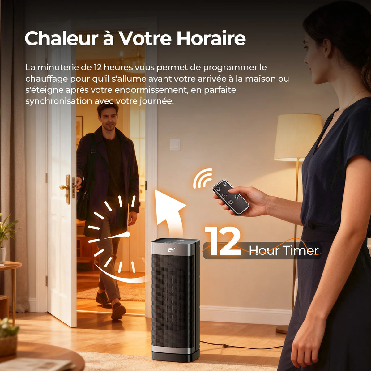 Radiateur céramique Totopia 2000 W - Chauffage électrique PTC avec télécommande - Minuterie 12 h - Oscillation - 40 × 15 × 12 cm - Noir