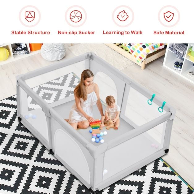 Coast - Boîte à bébé avec 50 balles de jeu Boîte avec filet respirant et fermeture éclair - Grille de rampement avec 2 portes - Boîte-tente pour bébés et enfants - 206 x 185,5 cm - Gris