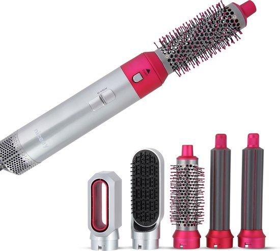 Niceey Brosse pour sèche-cheveux - Fer à boucler 5 en 1 - Airstyler - Multistyler - Brosse coiffante - Fer à boucler avec accessoires - Sèche-cheveux avec brosse - Avec gant - Brosse à boucler - Brosse à cheveux - Modèle 2025 - Gris/Pourpre