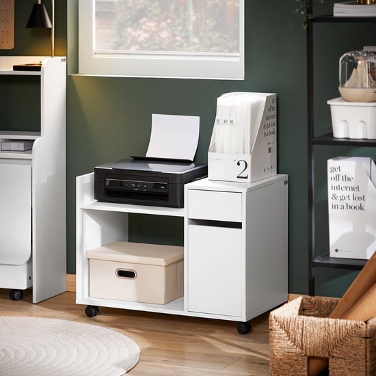 SoBuy ASK02-W Armoire de bureau - Armoire à imprimante blanche avec tiroirs et roulettes