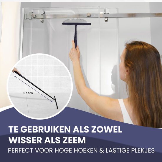 TTD® Essuyeur de douche 2-en-1 avec long manche extensible - 97 cm - Lame d'essuyage en silicone - Ergonomique - Avec chiffon en microfibre et crochet de suspension - Essuyeur de douche - Essuyeur de sol de salle de bains - Raclette de sol - Noir