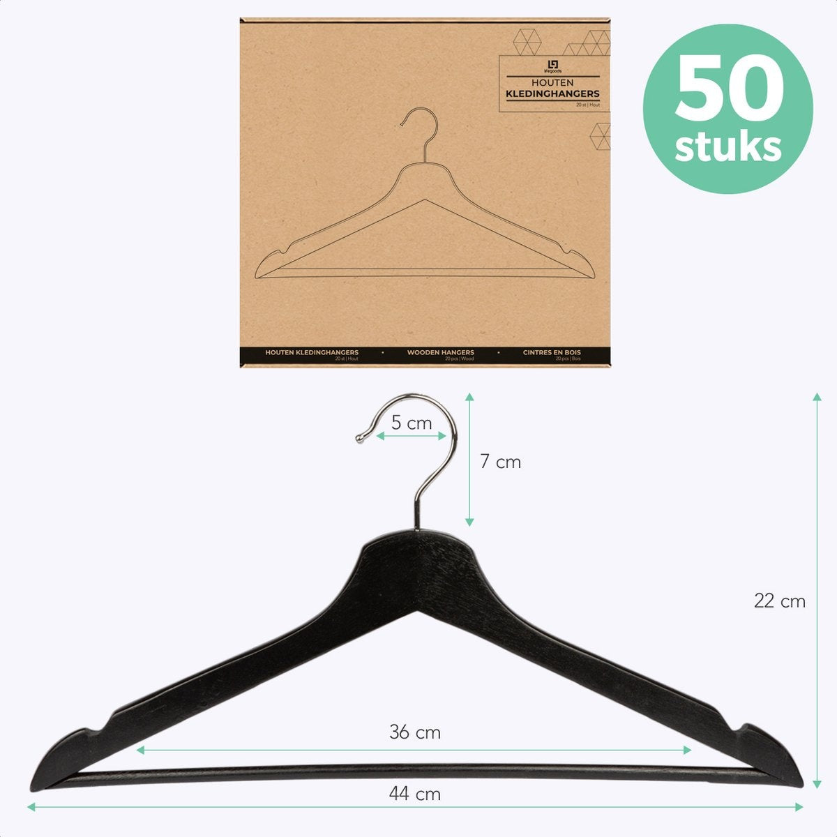 LifeGoods Cintres - Avec barre de pantalon - Bois dur - Noir - 50 pièces