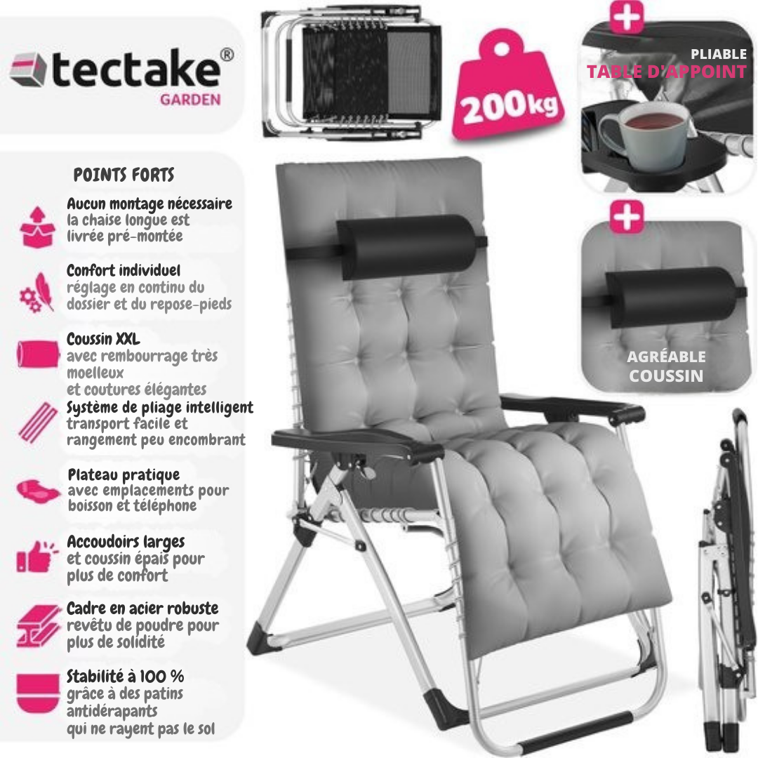 Chaise longue pliante Tectake - chargeable jusqu'à 200 kg - Gris