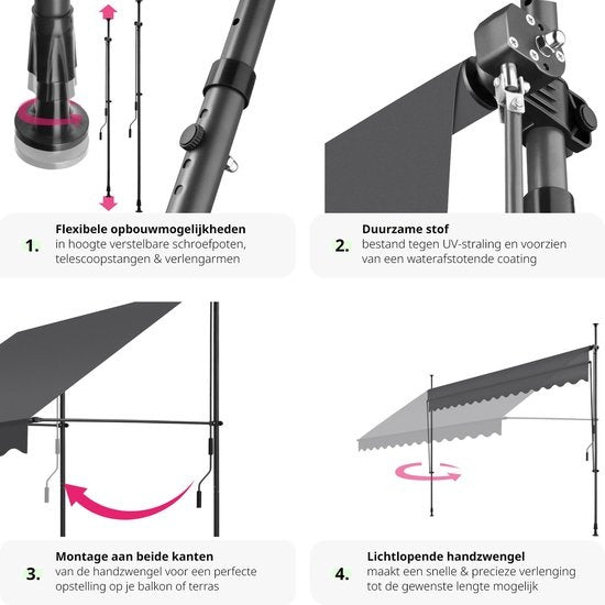 tectake - store à pinces - parasol - store - réglable - store à pinces - parasol balcon - 350 x 180 cm - noir gris - store - 404968