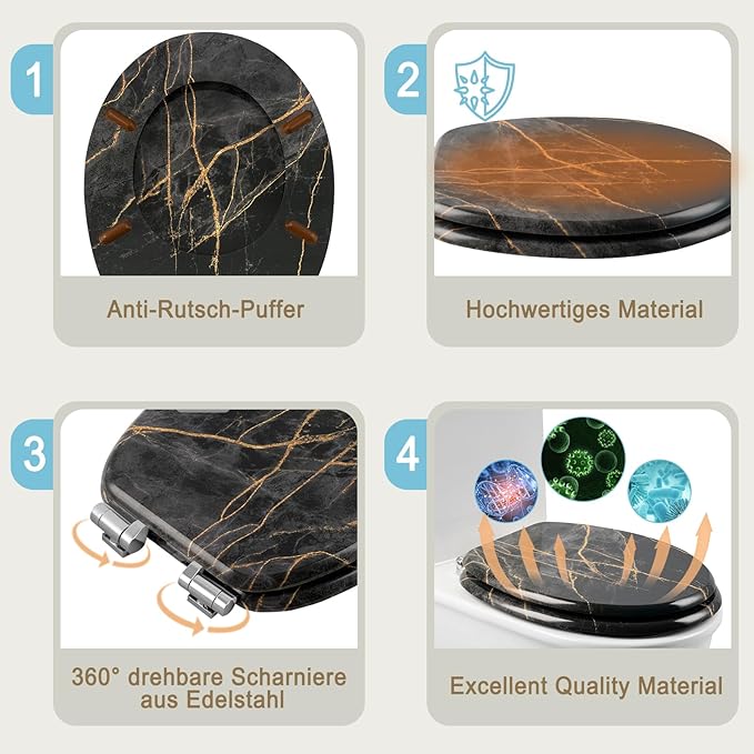 Siège de WC eSituro avec mécanisme Softclose – Universel – Équipé d'un système de fixation rapide, de patins antidérapants et d'un imprimé sur trois côtés – Pour WC et salle de bains – MDF multicolore et charnières en acier inoxydable – 375 x 440 mm
