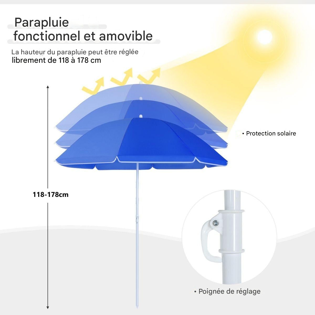 Chaise de camping double pliable Coast, avec parasol, porte-gobelet et sac isotherme, bleu