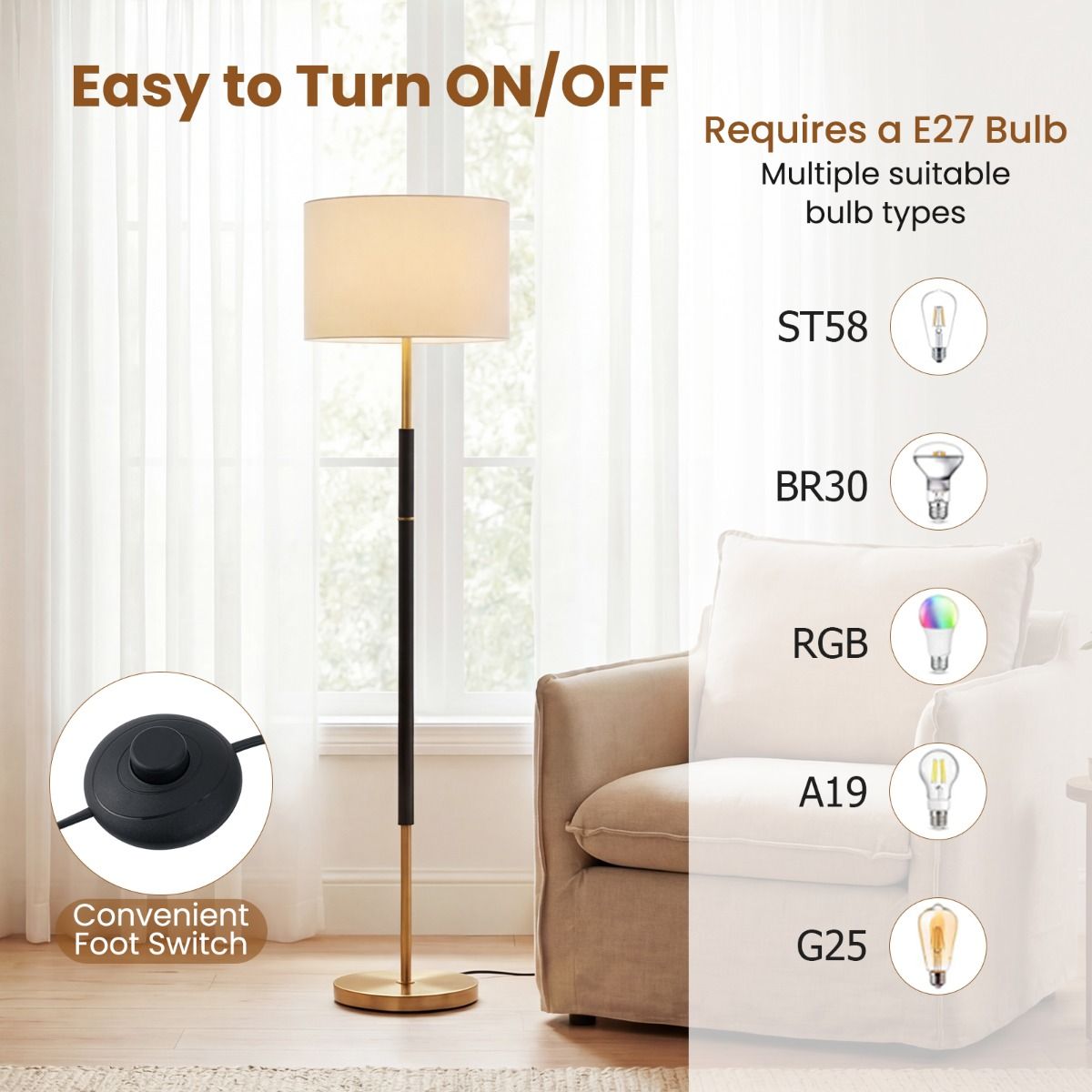 Lampe sur pied Coast - abat-jour en lin - interrupteur au pied - noir - 165 cm