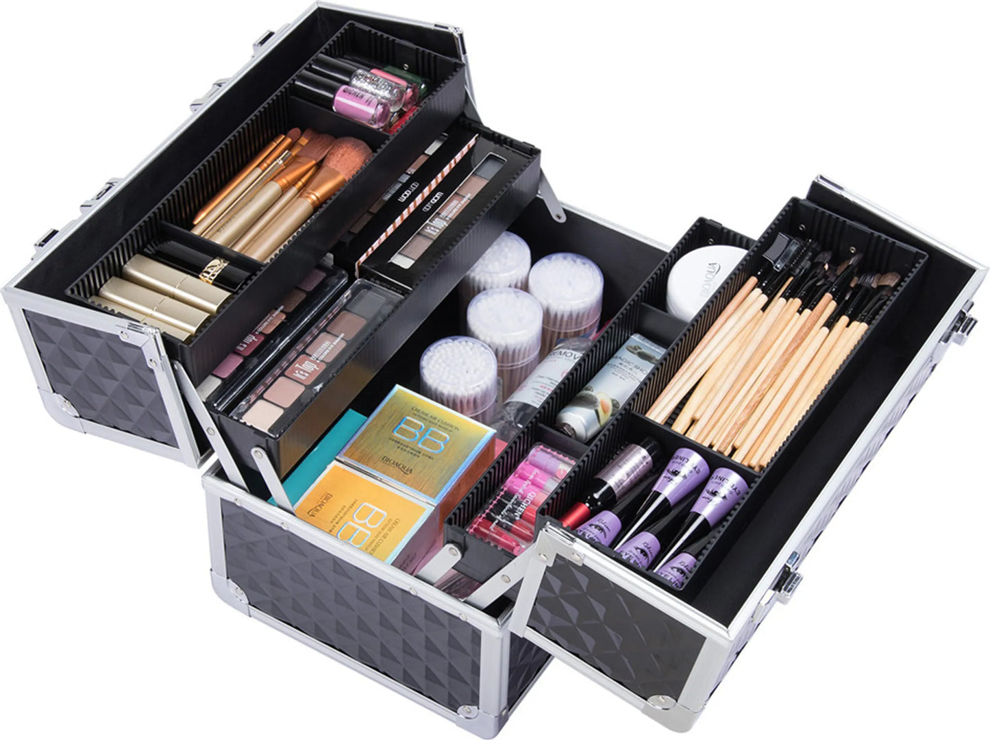 Yaheetech Make-up Case Beautycase - Avec 3 couches et des cloisons réglables et une serrure à clé - Pour les esthéticiennes et les coiffeurs - Aluminium noir - 34,7 x 22,2 x 25 cm