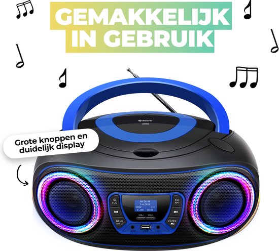Denver Portable DAB Radio CD Player Kids - Bluetooth - Light Effects - Boombox - AUX - FM - TDB212BLUE
