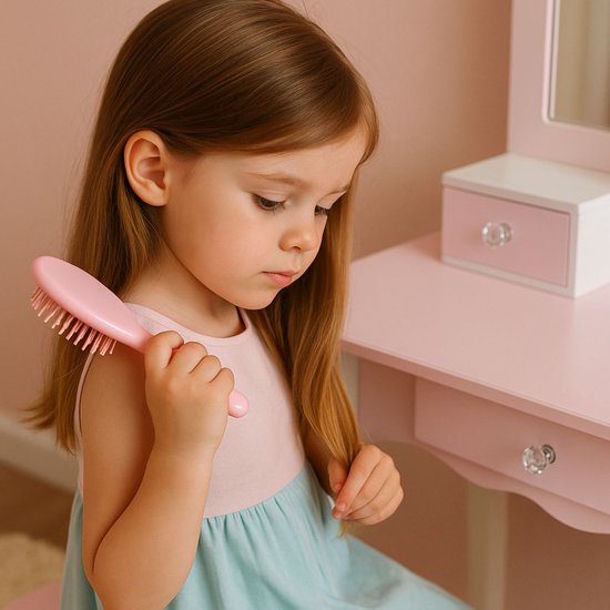 Table de maquillage Maxx Kidz pour enfant avec miroir - Table de maquillage en bois rose pour enfant avec tabouret - Table de maquillage pour enfants - Jouet pour filles à partir de 3 ans