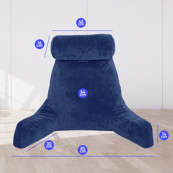 Q-Living Coussin de lecture XXL avec rouleau supplémentaire pour la nuque - Coussin de relaxation - Coussin de siège - Soutien du bas du dos - Coussin de lecture pour le lit - Bleu