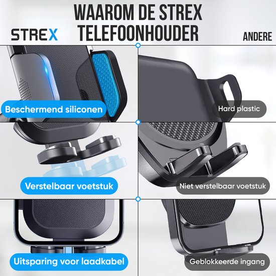 Strex Support Téléphone Voiture - Pare-Brise - Tableau de Bord - Grille de Ventilation - Support Téléphone Pour Tous Les Téléphones - Pivotant à 360°