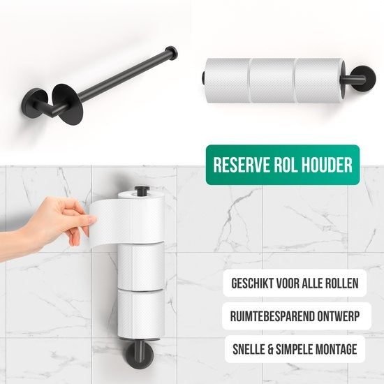 Avalo Toilet Accessories Set Black 4-Piece - Luxury Toilet Set - Brosse de toilette avec support / Porte-rouleau de toilette / Porte-rouleau de rechange / Crochet pour serviettes - Matériel de fixation inclus