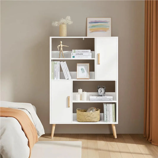 Bibliothèque Yaheetech 80 x 23,5 x 120,5 cm - Blanche - Meuble de rangement avec 2 portes et 4 compartiments ouverts