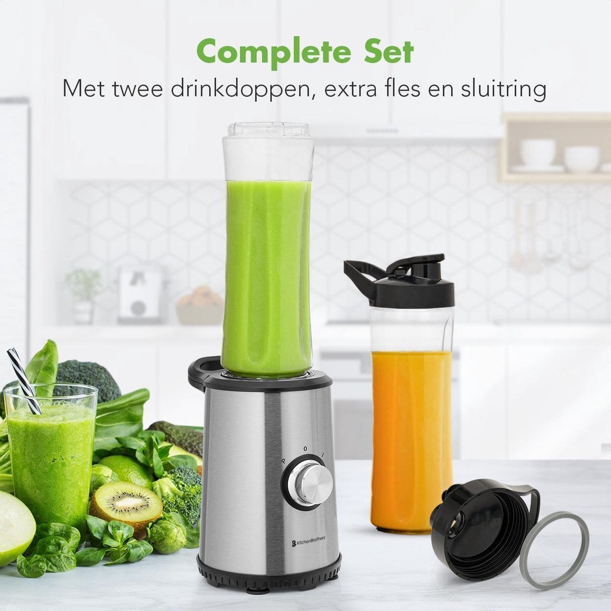Mini Blender - KitchenBrothers - 2 gobelets à emporter - 350W - acier inoxydable