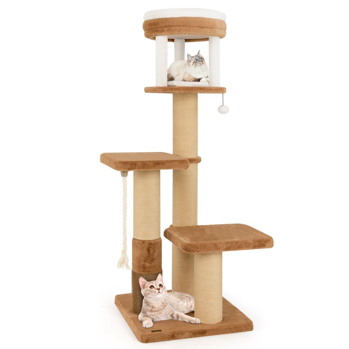 Arbre à chat Coast - poteau à griffer avec perchoirs rembourrés - panier amovible - caramel et blanc - 164 cm