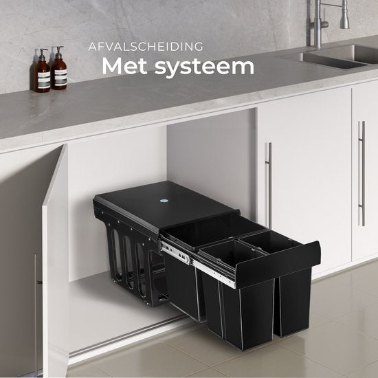 tectake® Collecteur de déchets - Poubelle encastrée - Séparation multiple des déchets - Solution de rangement efficace pour la cuisine et le bureau - Poubelle triple avec rails télescopiques - 2x 8L + 1x 15L