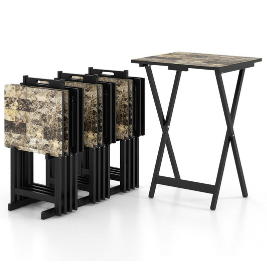 Coast - 4-Piece Folding Table TV Snack Table - Pliable, avec support de rangement, aspect marbre - 48 x 40 x 67 cm - MDF/Bois d'hévéa - Noir