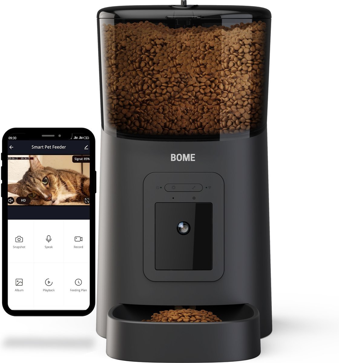 BOME - Distributeur automatique de nourriture à distance pour chiens et chats - Caméra et audio avec carte SD - Noir