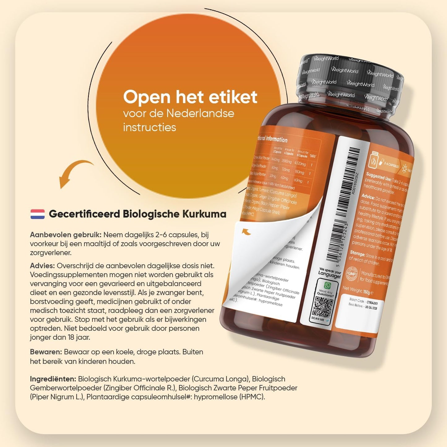 WeightWorld : gélules de curcuma biologique 1 520 mg – Au gingembre et au poivre noir – 180 gélules végétaliennes – 3 mois