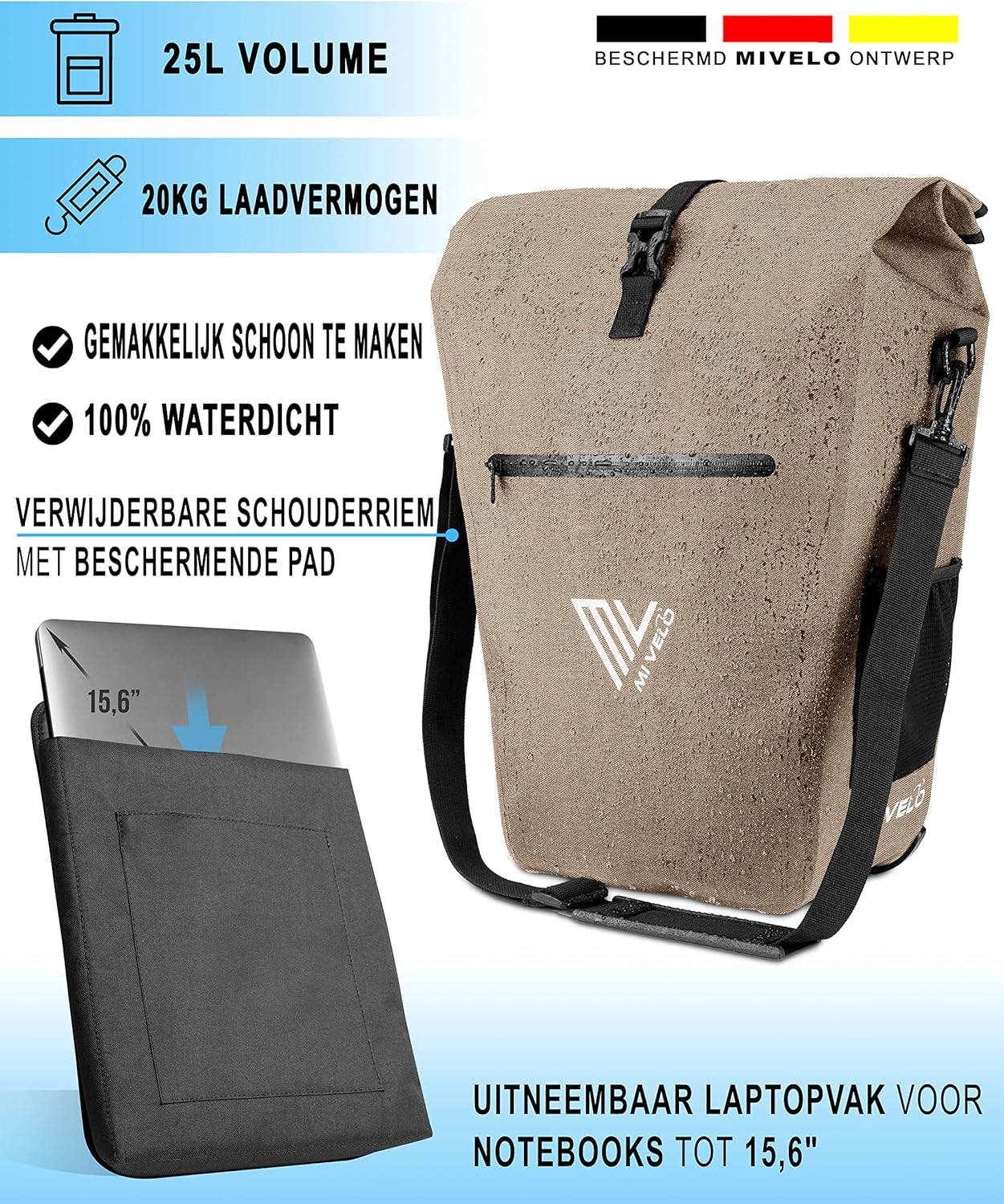 Sac de vélo MIVELO pour porte-bagages - 100 % imperméable, sans PVC, compartiment pour ordinateur portable, beige sable
