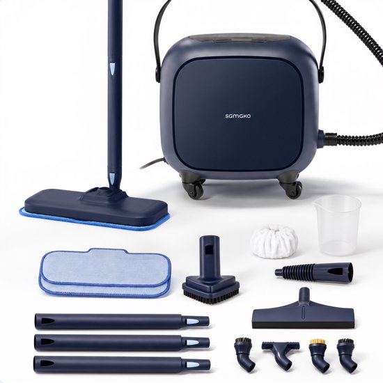 Nettoyeur vapeur Samako Halo 1500 W - Nettoyeur de sol avec réglage de la puissance de vapeur - 15 accessoires - 40 min d'autonomie - Nettoyeur de joints pour salle de bains et cuisine - Bleu