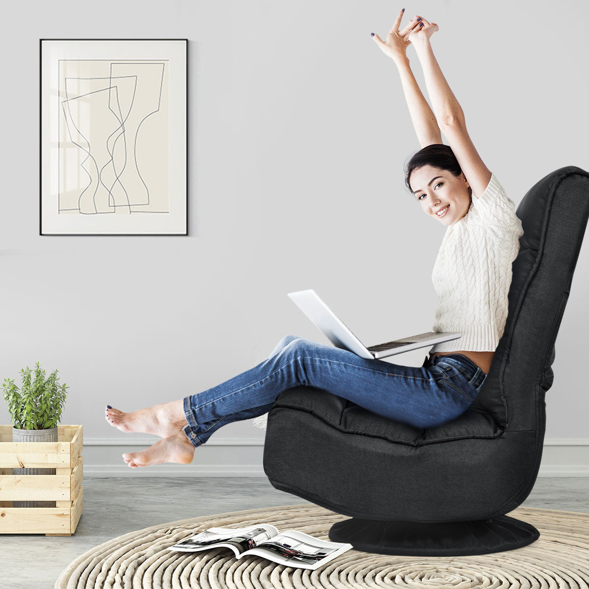 Coast Relax Armchair Floor Chair - Pivotant, pliable, Max. 150 KG - 59 x 75 x 83 cm - tissu/fer - noir
