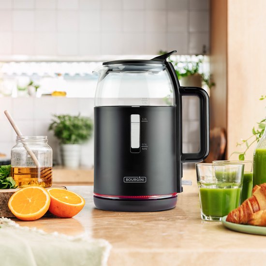 Bouilloire en verre Bourgini - Noir mat - Utilisation sans fil - Remplissage facile par le couvercle - Grande capacité de 1,5 L - Sans BPA