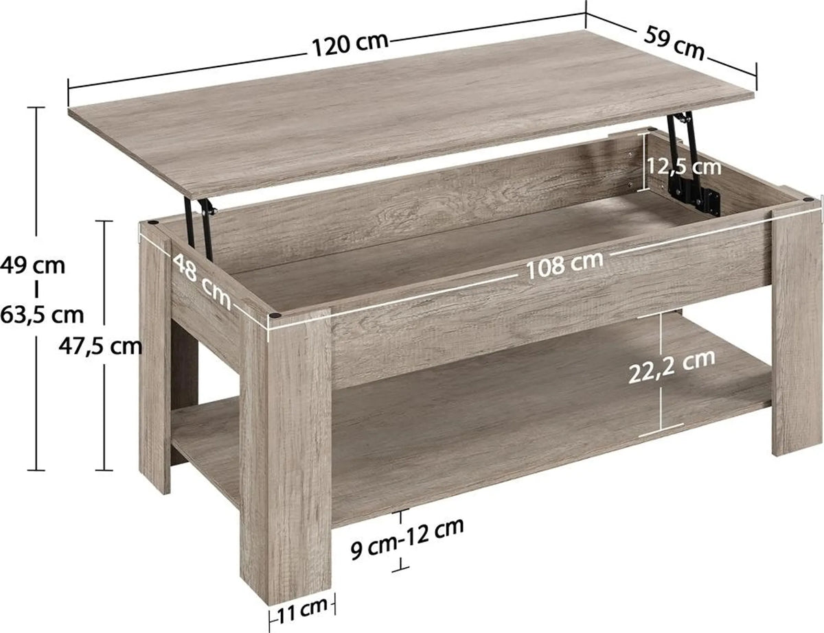 Yaheetech Table Basse avec Fonction Lift-Top - Avec Rangement Caché, Etagère Inférieure Réglable et Mécanisme à Ressort - Pour Salon et Bureau - Mdf Gris et Métal - 120 x 59 x 49.5-63.5 cm