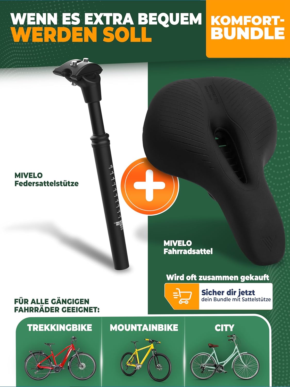 Tige de selle à suspension MIVELO ComfortPro - 27,2/30,9/31,6 mm, amortissement des chocs pour soulager le dos