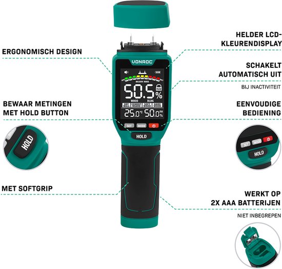 VONROC PRO Humidimètre - Double fonction de mesure : invasive (avec pointes) et non invasive (avec capteur) - convient pour le bois et les matériaux de construction - écran LCD multicolore
