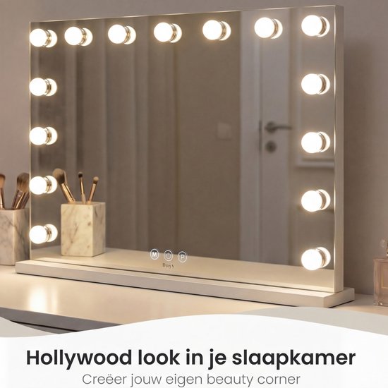Miroir Bayt avec éclairage - Miroir de maquillage avec éclairage - Miroir Hollywoodien avec éclairage - Dimmable - 58x46cm - Blanc