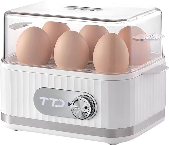 TTD® Smart Egg Boiler Electric with Timer - Convient pour 1 à 6 oeufs - à la coque, à la molle ou semi-molle - Egg timer - Egg Boiler Electric - Comprend un coquetier et un gobelet gradué