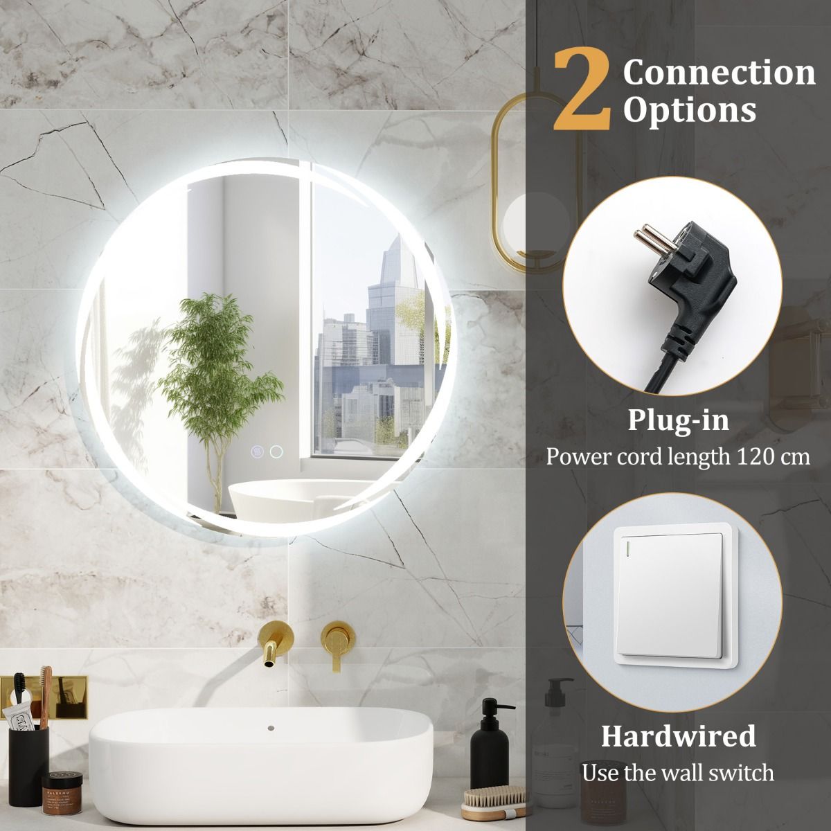 Coast 60x60 cm Miroir de salle de bain LED rond argenté avec éclairage 3 couleurs graduable, anti-buée et fonction mémoire