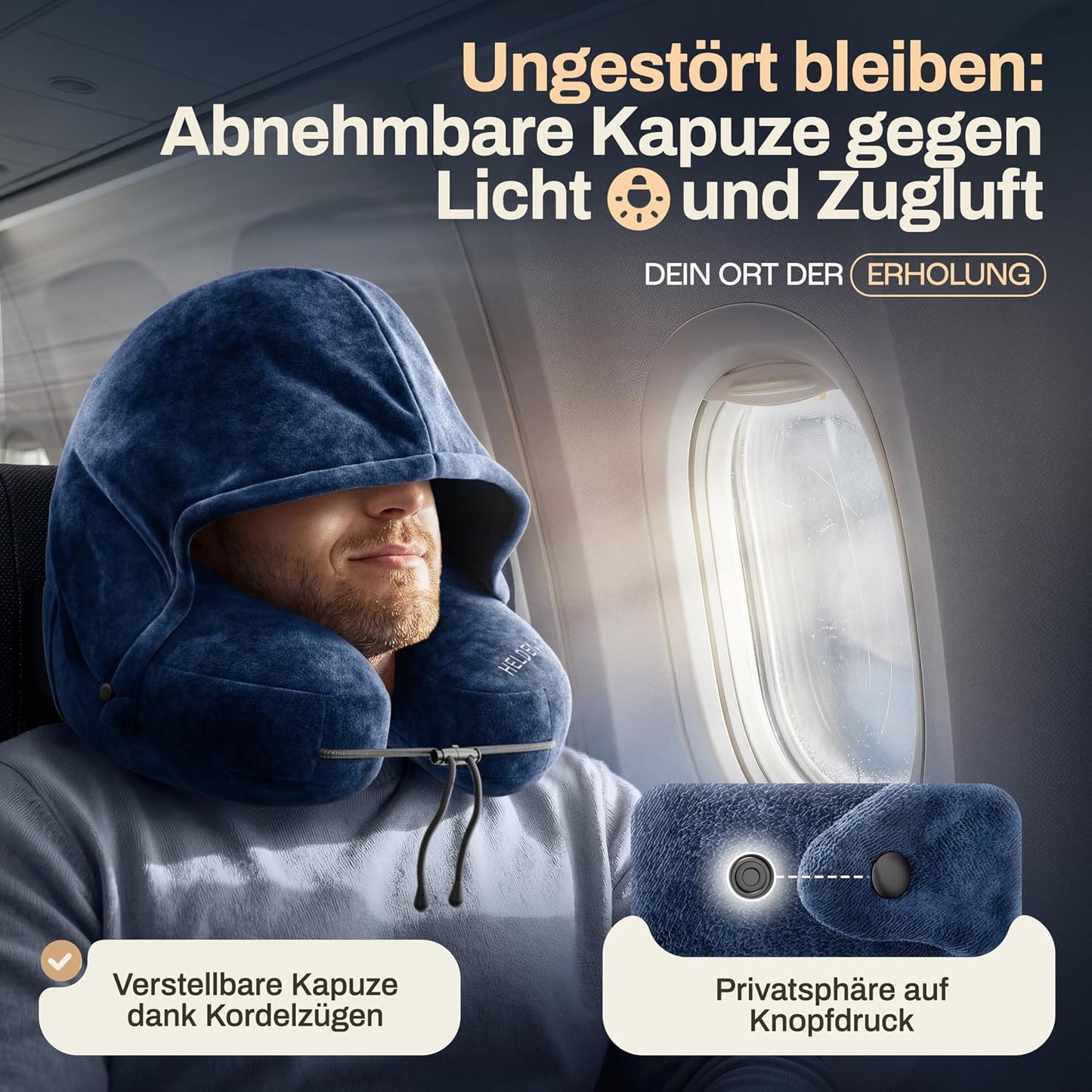Oreiller gonflable pour la nuque Heldenwerk Premium Air - Bleu foncé - Avec capuche et bouchons d'oreille
