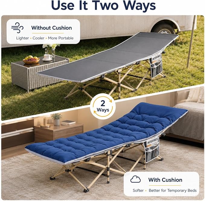 Lit de camping pliable Yaheetech avec matelas - 190 x 68 cm - Noir - Lit de camp avec sac de transport et poches de rangement