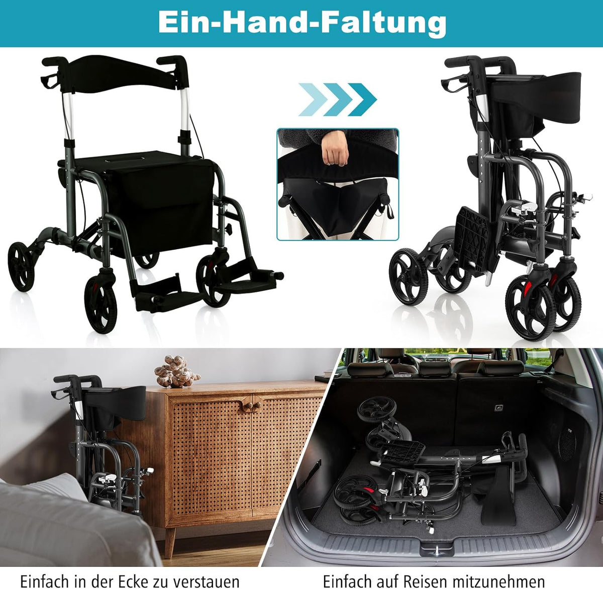 Déambulateur pliable Coast - Multifonctionnel - Hauteur réglable - Avec support pour sac et bâton - Noir