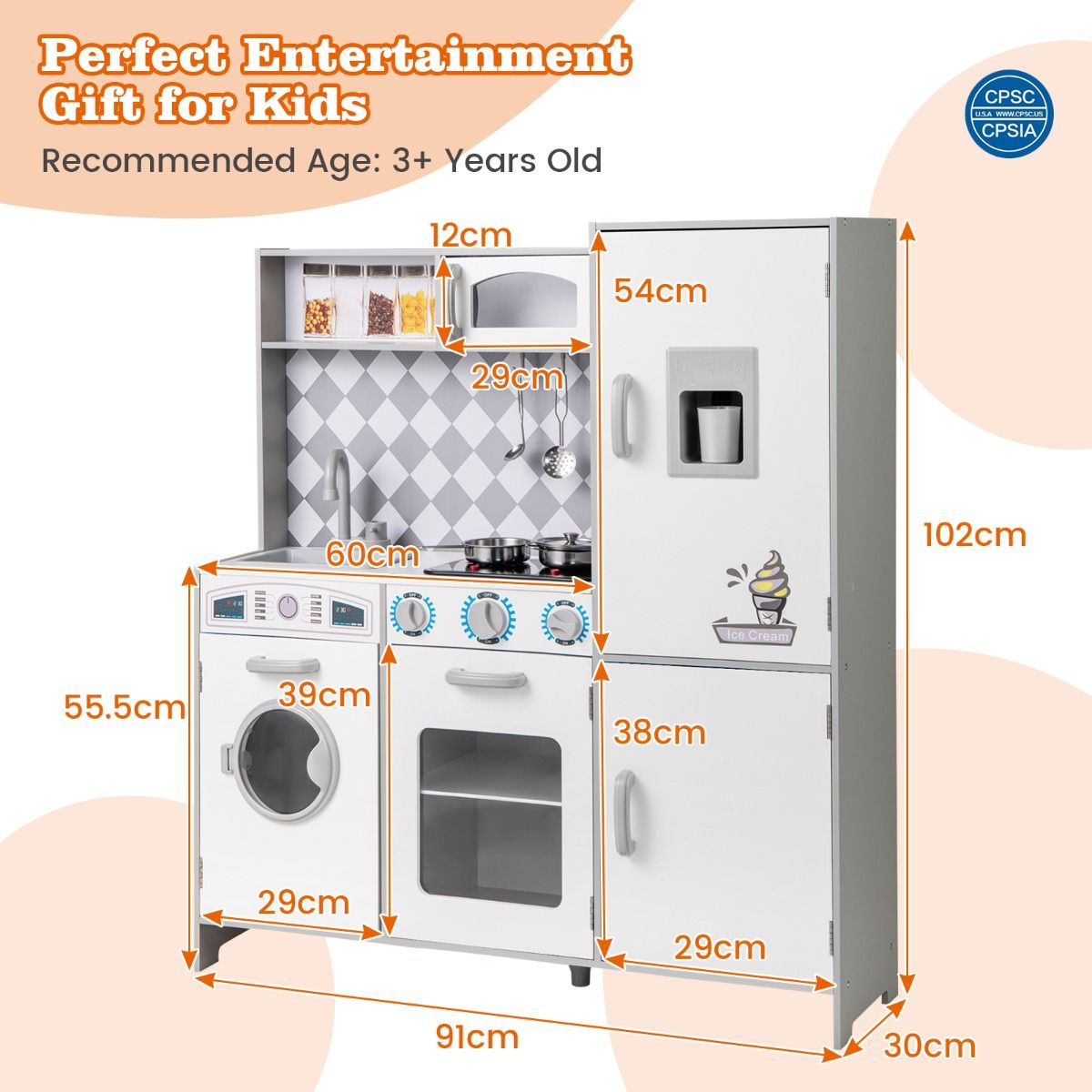 Coast - Wooden Play Kitchen XXL - Cuisinière avec son et lumière, machine à glaçons, machine à laver - 91 x 30 x 102 cm - MDF/Plastic - Blanc