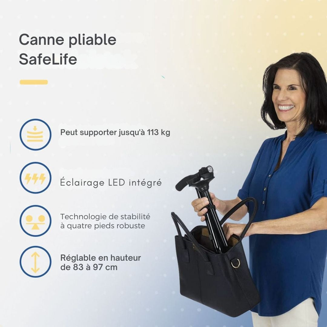 Canne de marche - SafeLife - avec lumière LED - pliable et ajustable - noir
