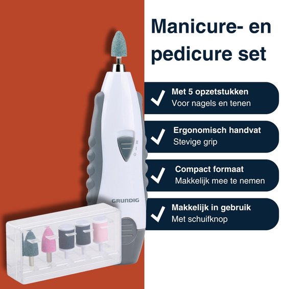 Kit de manucure électrique Grundig 5-en-1 - Kit de manucure pour les mains et les pieds - Appareils de pédicure électriques avec 5 embouts - Kit compact pour la maison et les voyages