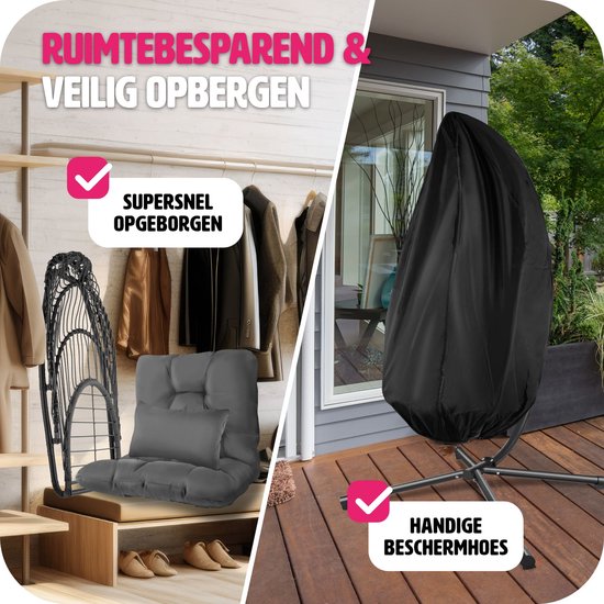 tectake® - Chaise suspendue de luxe - chaise pliante et pivotante avec support - coussins épais - pieds antidérapants - housse de protection incluse. Idéal pour le jardin, la terrasse, la chambre - gris foncé