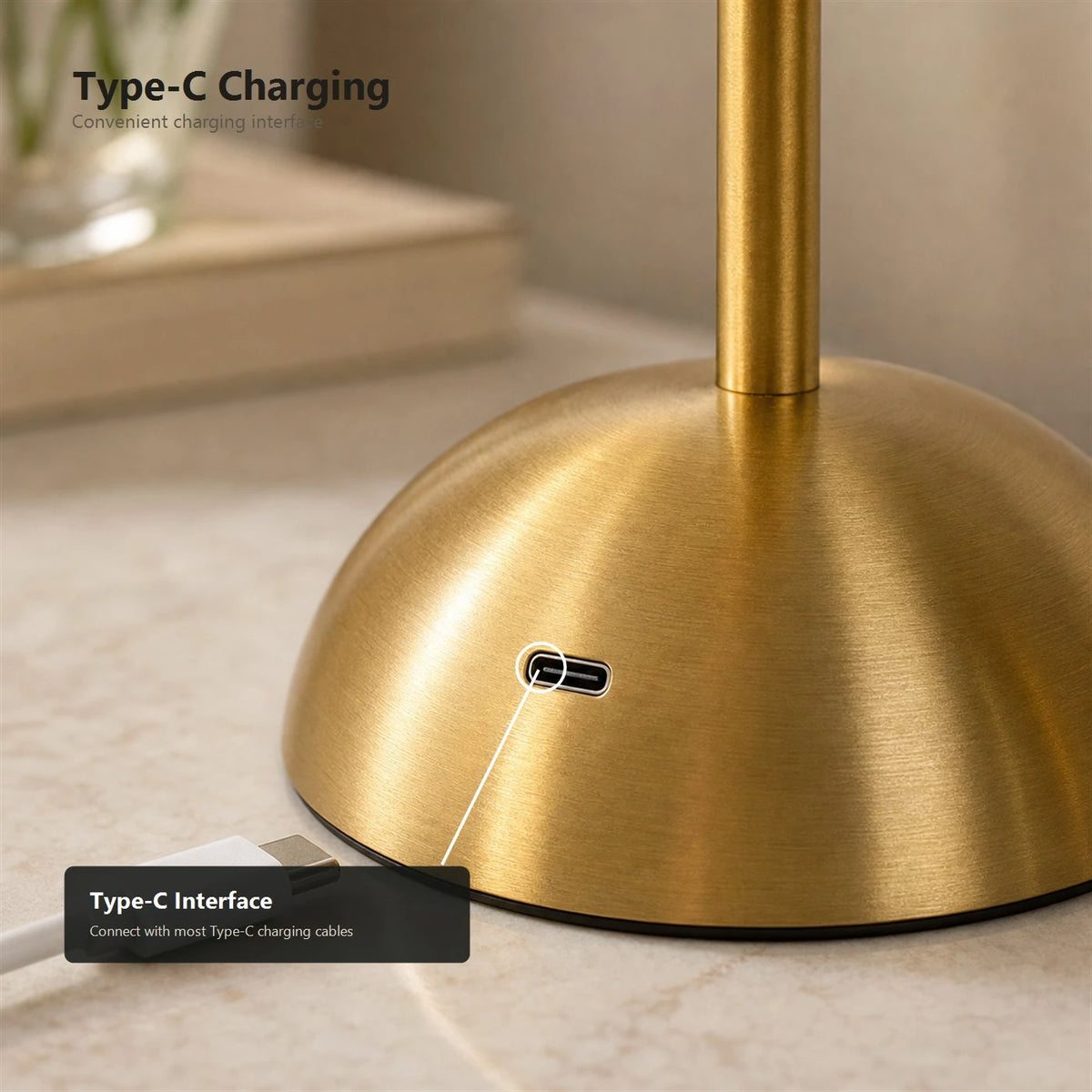 Lampe de table LED sans fil avec commande tactile - 3 couleurs de lumière - Intensité réglable en continu - 1 800 mAh - Rechargeable via USB-C - 8 à 10 heures - Or