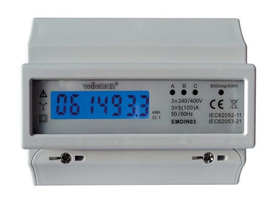 Velleman Professional kWh meter, 3 phases, pour montage sur rail DIN, avec écran LCD et LED d'impulsion, max 100 A