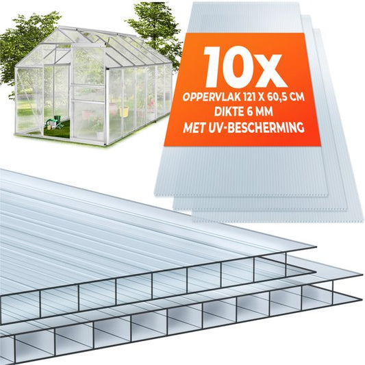 tectake® - Lot de 10 plaques en polycarbonate - Plaques à double paroi robustes, translucides et résistantes aux UV - 121 x 60,5 cm - 7,32m² au total - Transparent - Plaque de serre - 6mm d'épaisseur