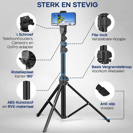 Studio ME Phone Tripod - 170 cm - Tripod Smartphone - Black - Camera Tripod - Phone Holder - Incl. Bluetooth Remote Control - Tripod Iphone - Tripod Phone