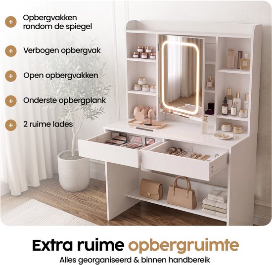 Infinity Goods : coiffeuse avec miroir LED - Table de maquillage - Très grand espace de rangement - Éclairage à intensité variable - Blanc