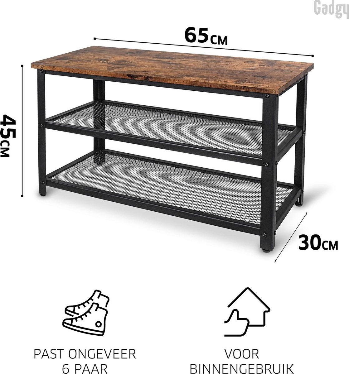Gadgy Schoenenrek met bankje - 6 tot 9 Paar Schoenen - Schoenenkast bankje - Schoenenbank Industrieel - Handig schoenen opbergen - Bijzettafel Metaal met Hout