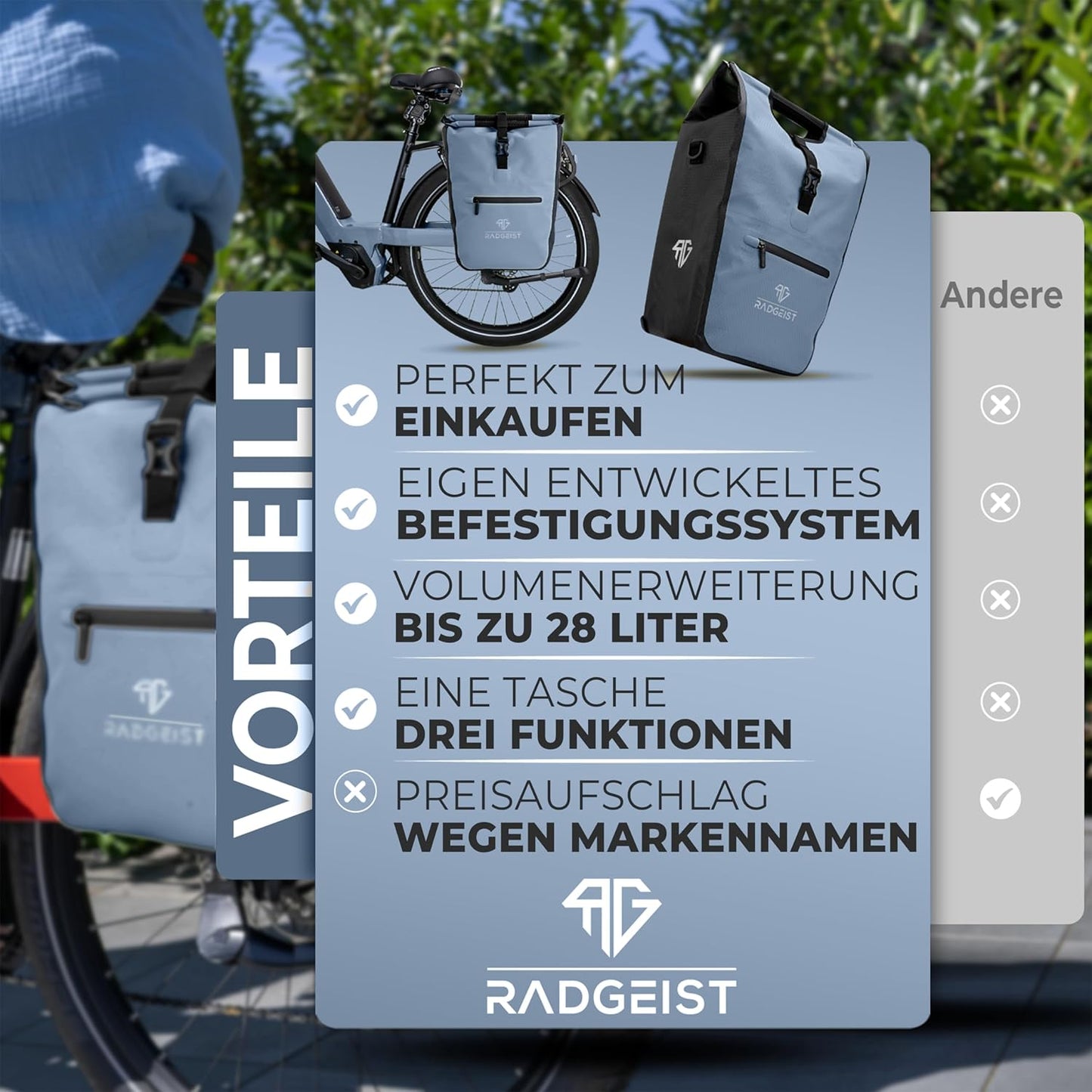 RADGEIST sacoche vélo pour porteur I sacoche vélo shopper avec sac isotherme amovible I sac shopping & sac shopping 22-28 litres - bleu