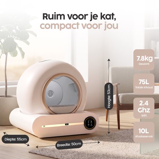 Bac à litière automatique Infinity Goods XXL - Bac à litière autonettoyant - Avec application - 75 L - Avec tapis de bac à litière et 3 rouleaux de sachets de rangement - Blanc/Or rose