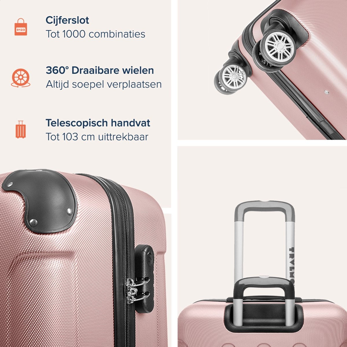 Lot de 3 valises TRVLMORE - Grande Taille Valise soute - 38L (bagage à main) + 70L + 110L - Rose Gold